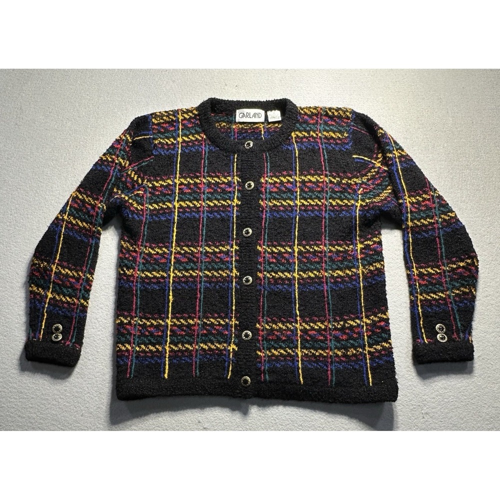 Vintage Garland Button Up Plaid Cardigan 80's Sz Medium Gold Buttons
